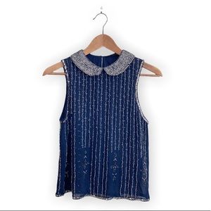 Zara Heavy Embellished Top Navy Blue Blouse